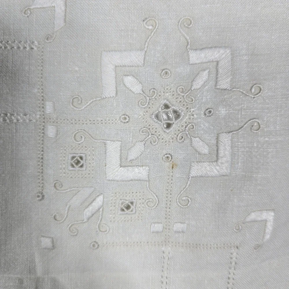 Vintage‎ White Hand Embroidered Linen Square Tablecloth 32x33 Openwork Hemstitch